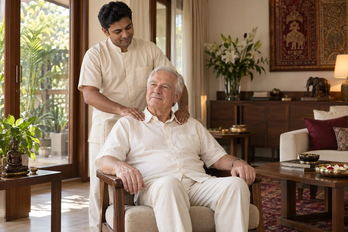 Indian male therapist providing a gentle shoulder massage to an older European man